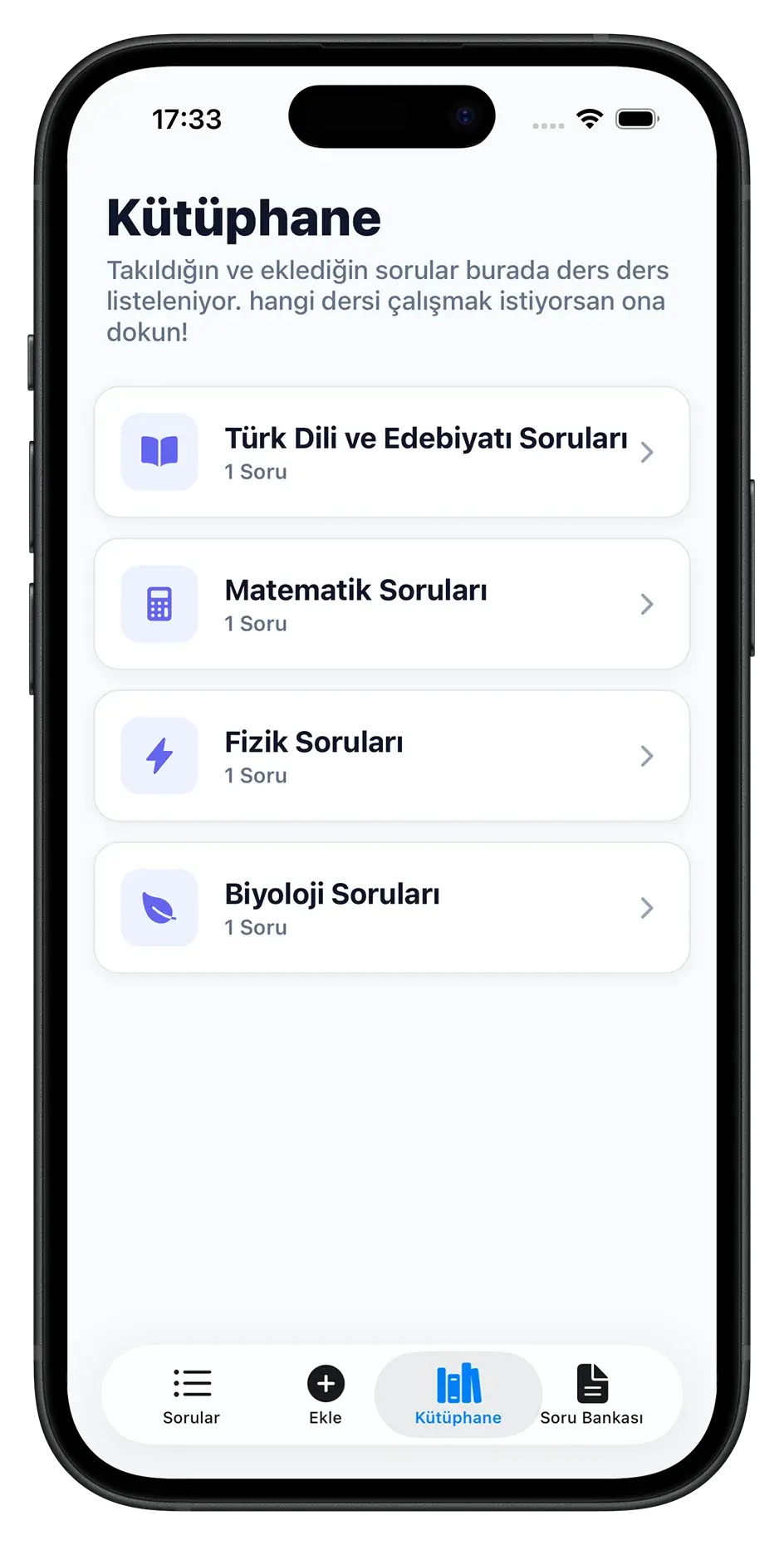 Karga Mobil Uygulaması Kütüphane Ekranı - Çözemediğin Soruları Listele ve Filtrele