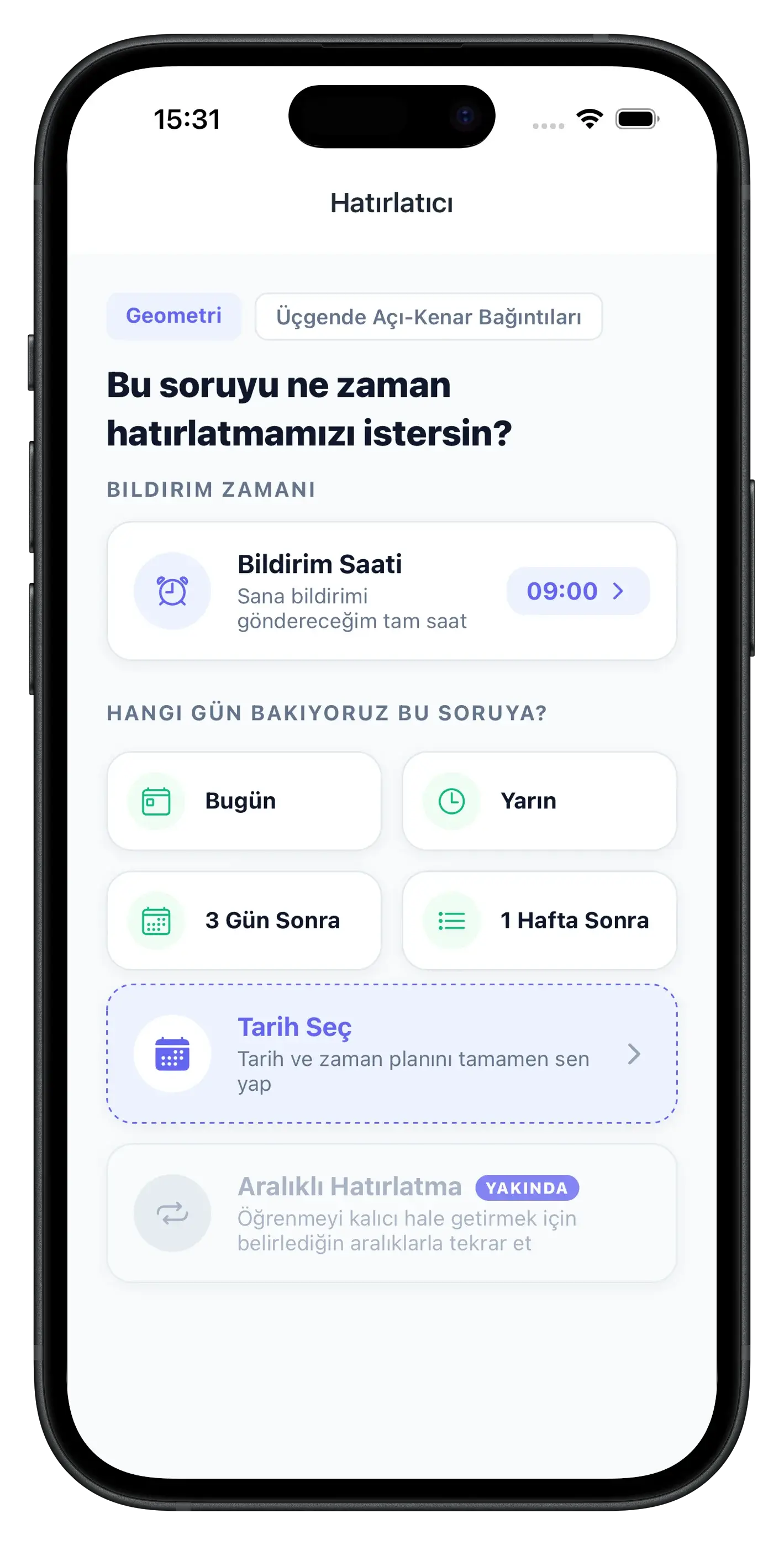 Karga Mobil Uygulaması Akıllı Hatırlatıcı Ekranı - Yanlış Soruları Programlı Olarak Tekrar Et
